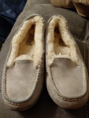UGG Gray Suede Moccasin Slippers with Cream Shearling Lining